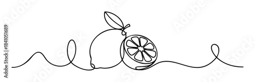 Minimalist line drawing of a whole lemon with a slice and leaf connected by a flowing continuous line for natural food and beverage concepts.
