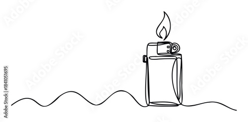 Single line drawing of a lit cigarette lighter emitting a flame, with a wavy line extending from the base, perfect for themes of ignition, ideas, or energy.