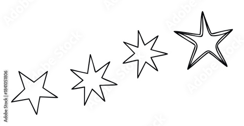 A set of four stylized stars in varying sizes and slightly different shapes, perfect for adding a celebratory or decorative touch to any project, signifying achievement and brilliance.