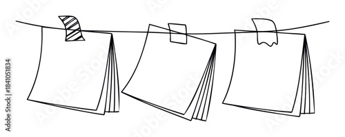 Hand drawn outline of paper notes attached to a wire with clothespins suitable for brainstorming, reminders or memos for inspiration and organization