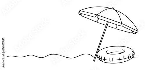 Simple outline drawing of a beach umbrella and inflatable ring casting shadows on wavy sand, perfect for summer vacation and relaxation themes.