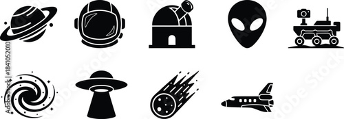 Essential vector icons illustrating space exploration, astronomy, planets, and potential extraterrestrial life forms.