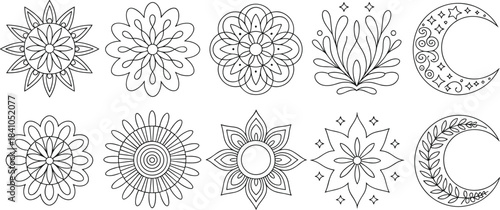 Ten black line art decorative elements sun moon floral