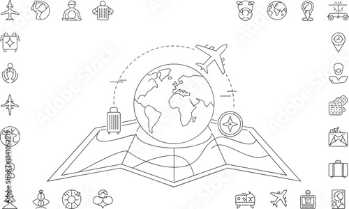 Travel icons surrounding globe and map airplane suitcase