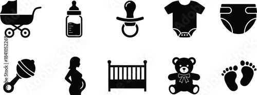 A comprehensive black silhouette icon set illustrating essential newborn care items and pregnancy symbols.