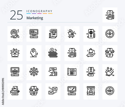 Marketing 25 Line icon pack including dollar. mobile. pencle. shopping. marketing