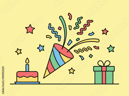 Birthday Celebration Elements with Confetti and Cake.