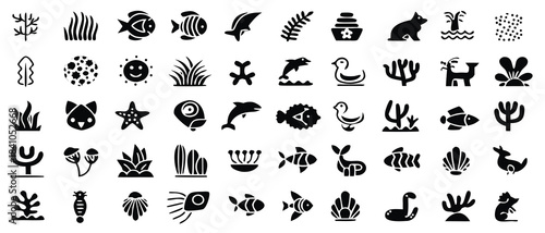 A collection of black and white sea creature icons for ocean themed design projects


