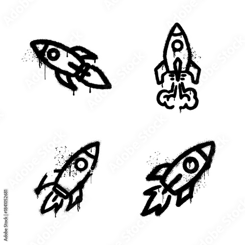 Black graffiti style spray painted spaceships and rocket launch vector icons
