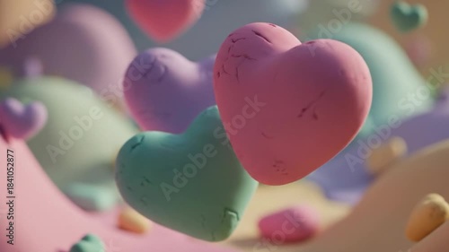 Colorful floating hearts in a whimsical landscape, creating a dreamy atmosphere with soft pastel colors