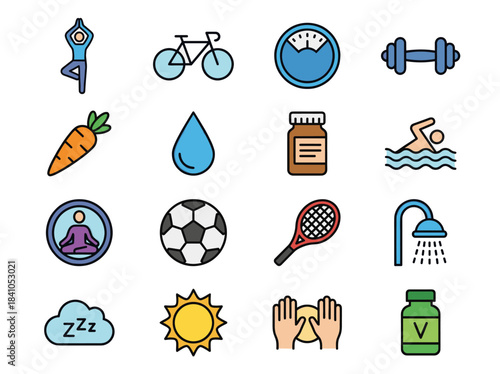 Collection of Health and Wellness Icons Representing Fitness and Lifestyle.