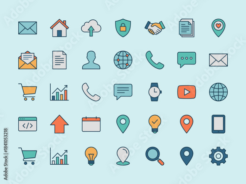 Collection of Modern Flat Icons Representing Business and Technology Concepts.