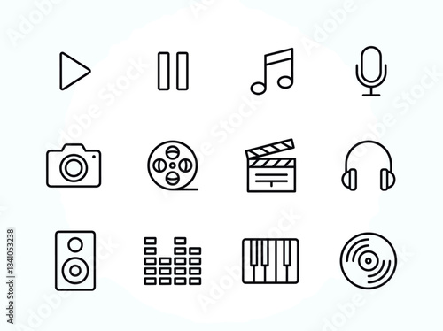 Collection of Music and Media Icons in Outline Style.