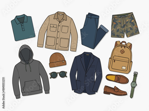 Collection of Mens Casual and Formal Apparel and Accessories.