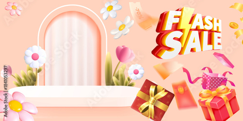 The display stand is a soft, light pink arch, creating a gentle feel. It's surrounded by large pink and white daisies, providing an ideal backdrop for showcasing cosmetics, fashion items