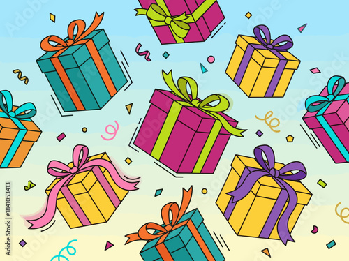 Colorful Gift Boxes with Ribbons and Confetti Falling.