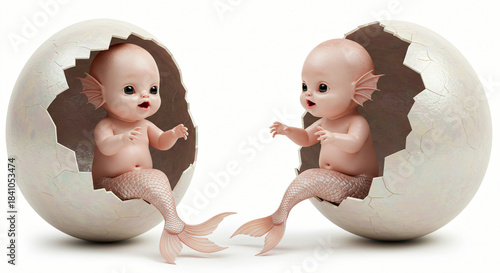 Two adorable baby mermaids hatching from cracked eggs on a white background, symbolizing new beginnings and fantasy creatures
