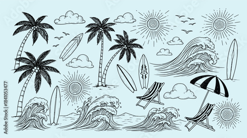 Tropical beach vacation elements hand drawn sketch with palm trees waves and surfboards