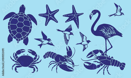 Collection of blue marine life and seabird silhouettes on a cream background