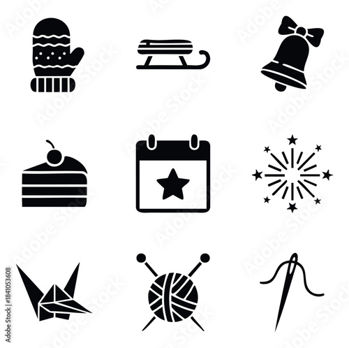 Collection of nine black solid icons representing winter wear, holiday celebration, crafting, and paper art for use in various graphic applications