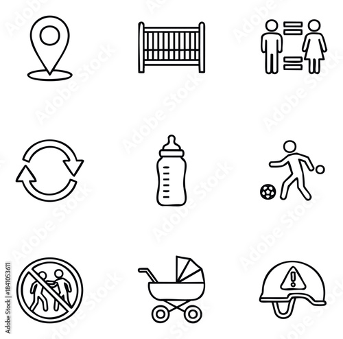 Diverse icons symbolizing everyday life activities and alerts including location pin, crib, gender equality, refresh arrows, baby bottle, soccer player, no trespassing, baby stroller, and