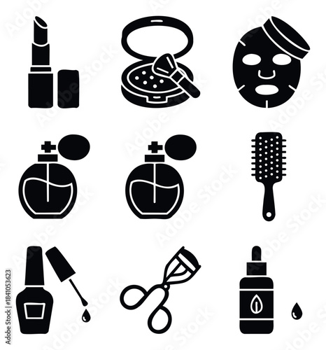 Collection of black icons representing makeup and cosmetic items including lipstick, powder, face mask, perfume, comb, nail polish, eyelash curler and serum for beauty and self care