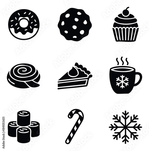 Collection of black and white icons representing popular food and holiday treats like donuts cookies cupcakes cinnamon rolls pie hot chocolate sushi candy cane and snowflake for festive and
