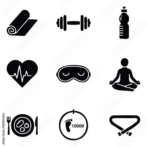 Collection of nine black icons representing fitness activities, healthy eating, and wellbeing for use in health and wellness applications and media.
