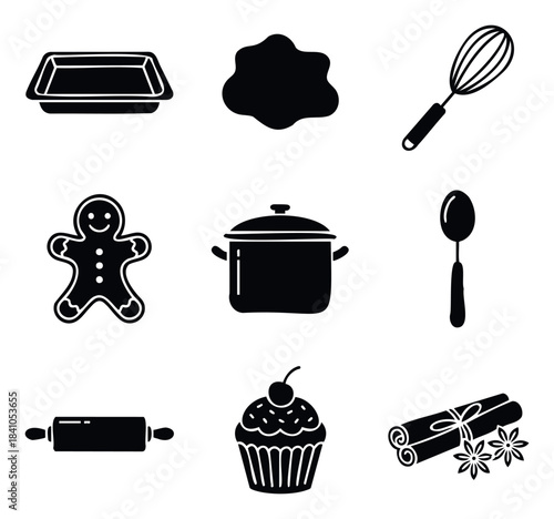 Collection of baking icons including a baking pan, dough blob, whisk, gingerbread man, pot, spoon, rolling pin, cupcake, and cinnamon sticks for cooking and recipe applications.