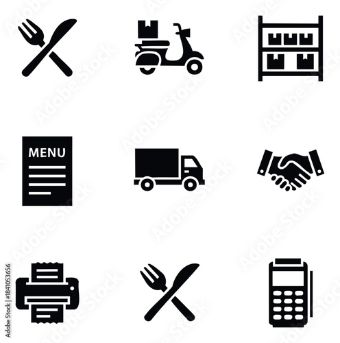Collection of nine modern flat icons representing restaurant services including dining utensils, delivery scooter, order fulfillment, menu, truck, handshake, printer, and payment terminal
