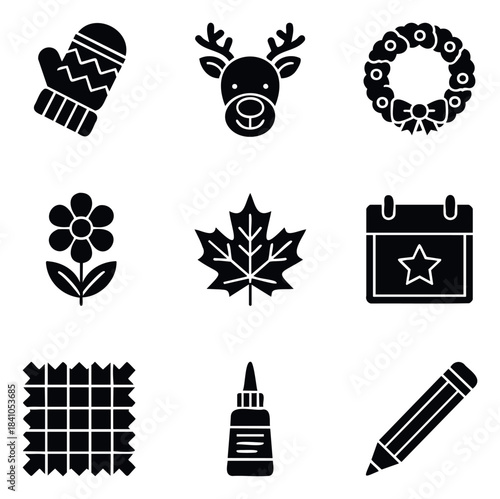 Collection of nine flat black icons representing winter clothing, holiday decor, nature, and crafting supplies useful for various projects and presentations