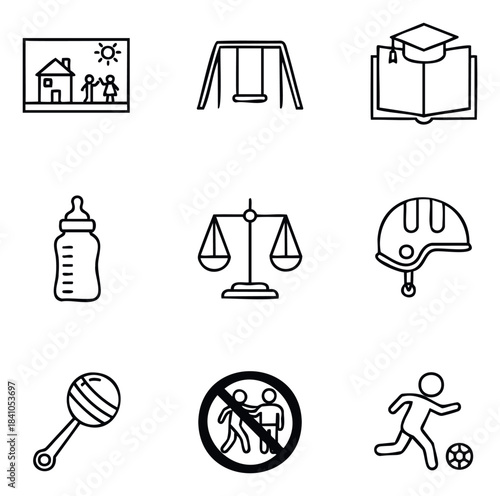 Collection of simple line icons representing childhood, education, and protection for use in educational or safety related projects