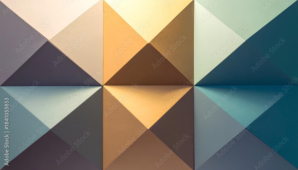 Obraz premium Abstract artwork featuring a collection of metallic triangles arranged in a modern geometric pattern combining brown, teal, and gold tones.
