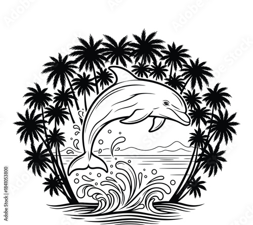 Leaping Dolphin Surrounded by Tropical Palm Trees