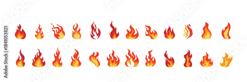 Cartoon fire flames, flame icons, campfire, Red hot flames campfire, set vector icons. Fire sign. Fire flame icon isolated on white background. Vector illustration.