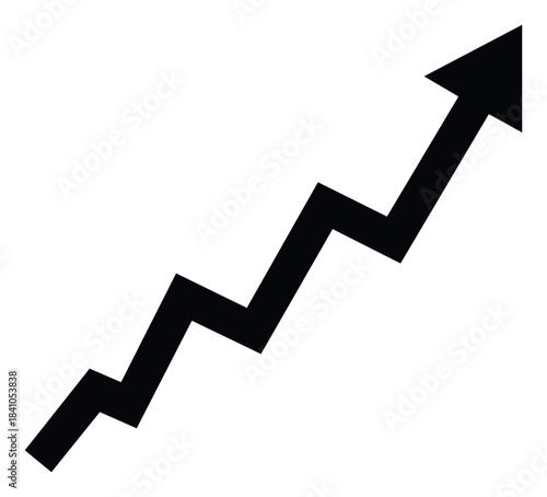 Black zig zag arrow pointing upwards indicating growth, success, or upward trend for finance, business, or positive progress concepts.