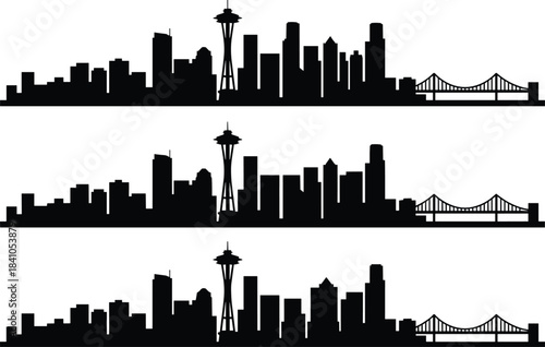 City skyline silhouette with bridge and tower, urban landscape illustration, modern architecture concept showing metropolitan buildings, cityscape design for creative projects