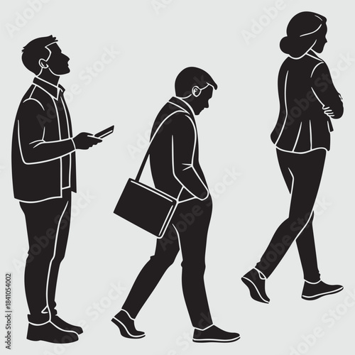 Silhouettes of women and girls walking and posing in a stylish black vector illustration