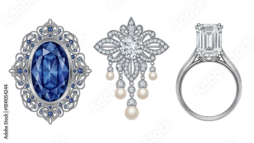 Exquisite jewelry vector elements with filigree frame, sapphire, and diamond brooch for luxury branding