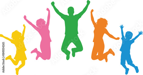 Colorful jumping kids silhouettes celebrating joy, happy children illustration, playful energy concept, fun childhood activity artwork showing excitement and freedom together