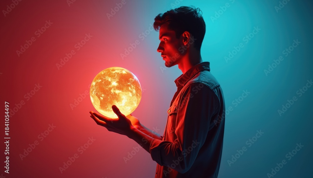 Fototapeta premium Man holds glowing sun in hands. Person with bright solar sphere in studio. Creative concept of power, energy, future or new idea generation.