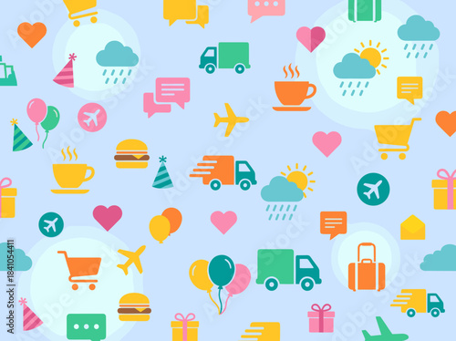 Seamless pattern of delivery and shopping icons with a light blue background.