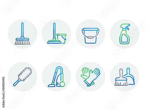 Set of cleaning tools and supplies icons for housekeeping services.