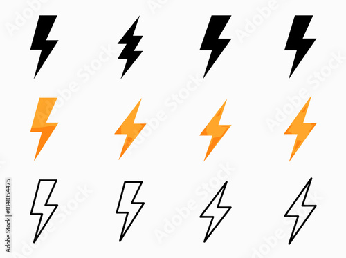 Set of Lightning Bolt Icons in Different Styles and Colors.