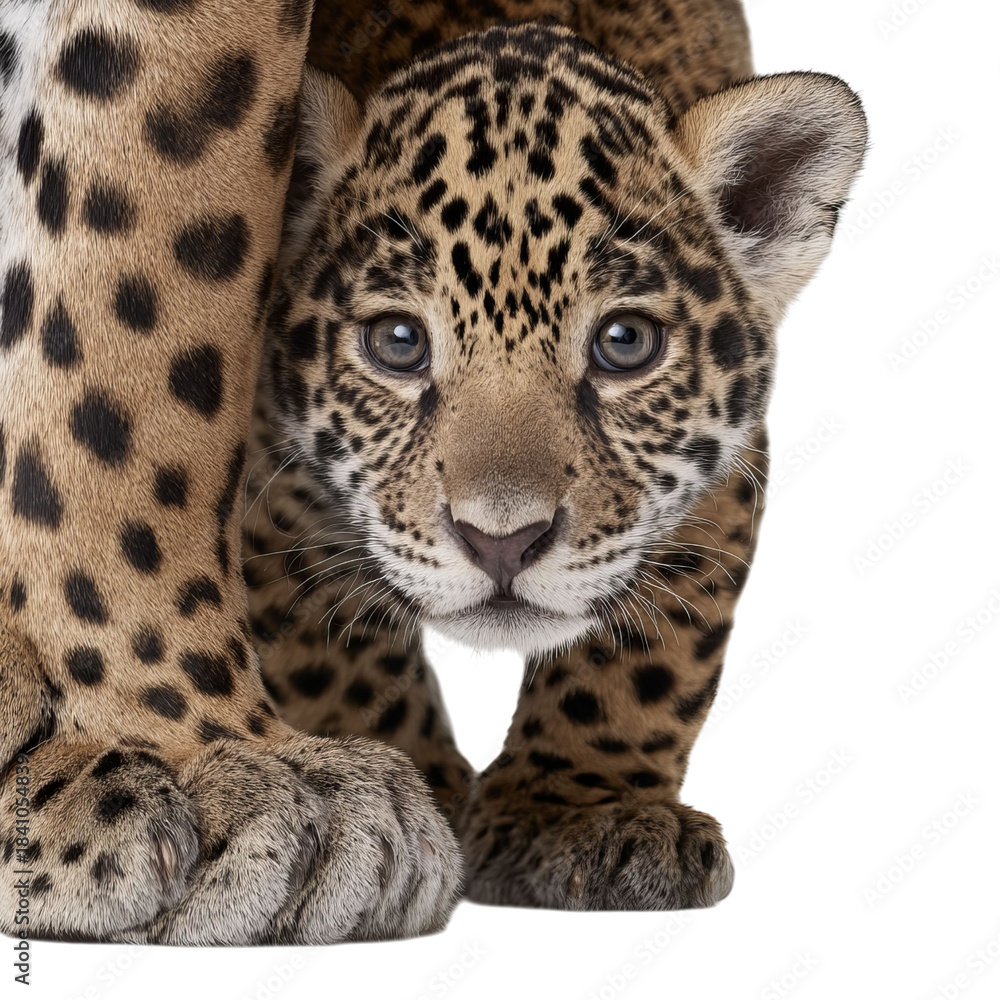 Fototapeta premium PNG of A close-up of a young leopard cub peeking out from behind its mother's paw, showcasing its playful demeanor.