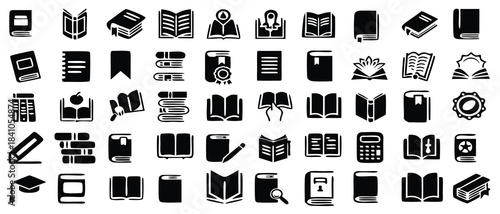 Collection of various black and white book icons representing reading and education