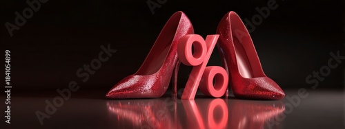Elegant red high heel shoes placed beside a glossy percent symbol on a smooth reflective surface. Concept of fashion sale, shopping discount, style and luxury promotion. banner 
