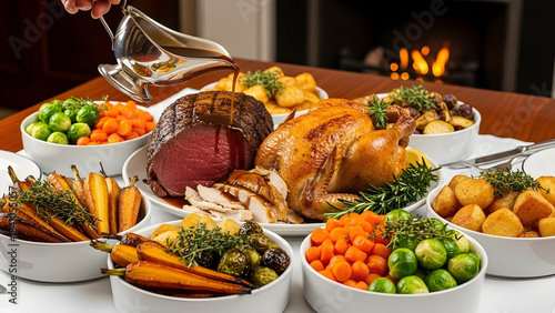 Festive Sunday Roast dinner spread with turkey beef and vegetables