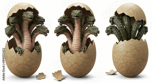 Three ancient, multi-headed mythical beasts emerge from their cracked eggs, symbolizing the birth of formidable power and the unknown wonders of fantasy lore, set against a pristine white background