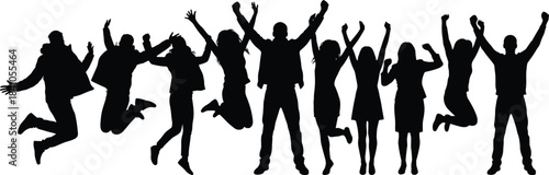 Group of people jumping in celebration, joyful team success silhouette, energetic crowd illustration, happiness and excitement concept artwork for motivation